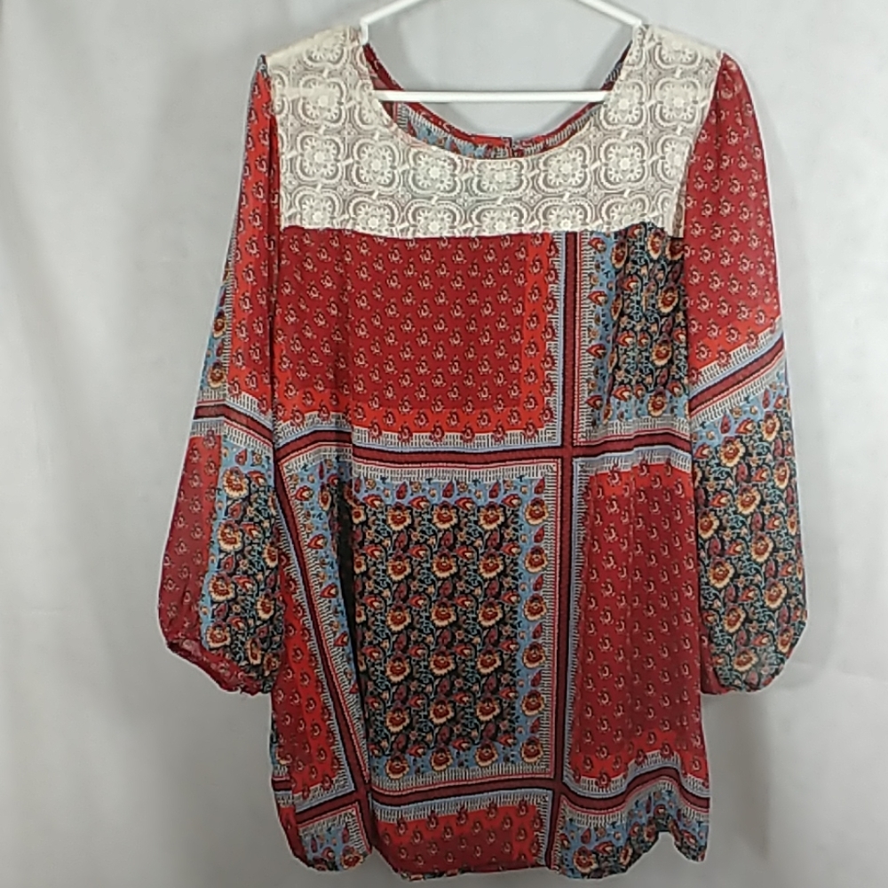 Moda semi sheer patchwork top with built-in camiso